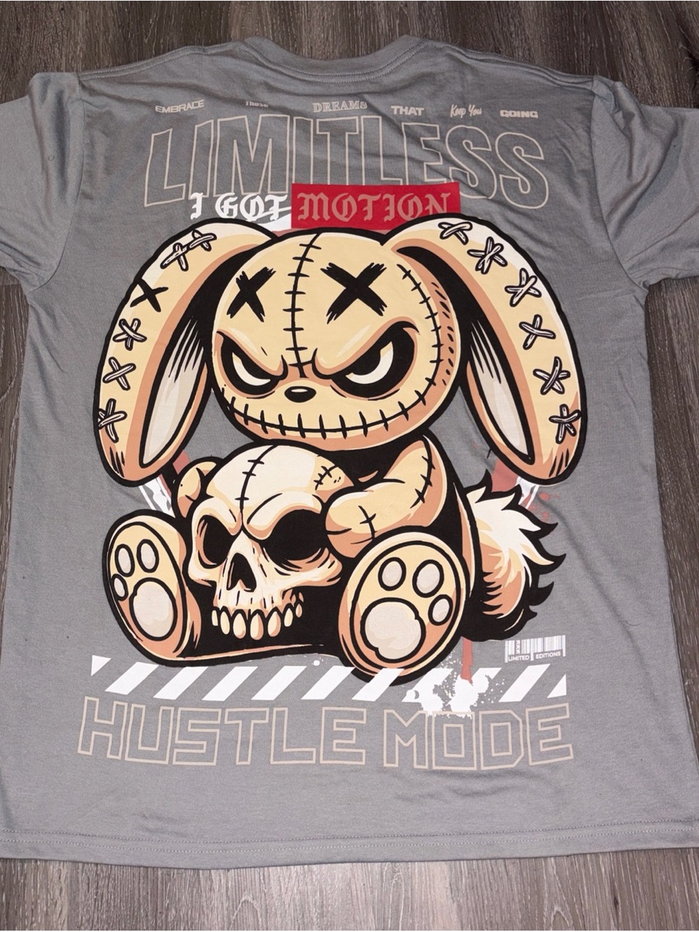 Addiction Gray Graphic Tee with Cream & Black Bunny Skull Design
